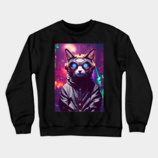 Techno Cat In Japan Neon City Crewneck Sweatshirt